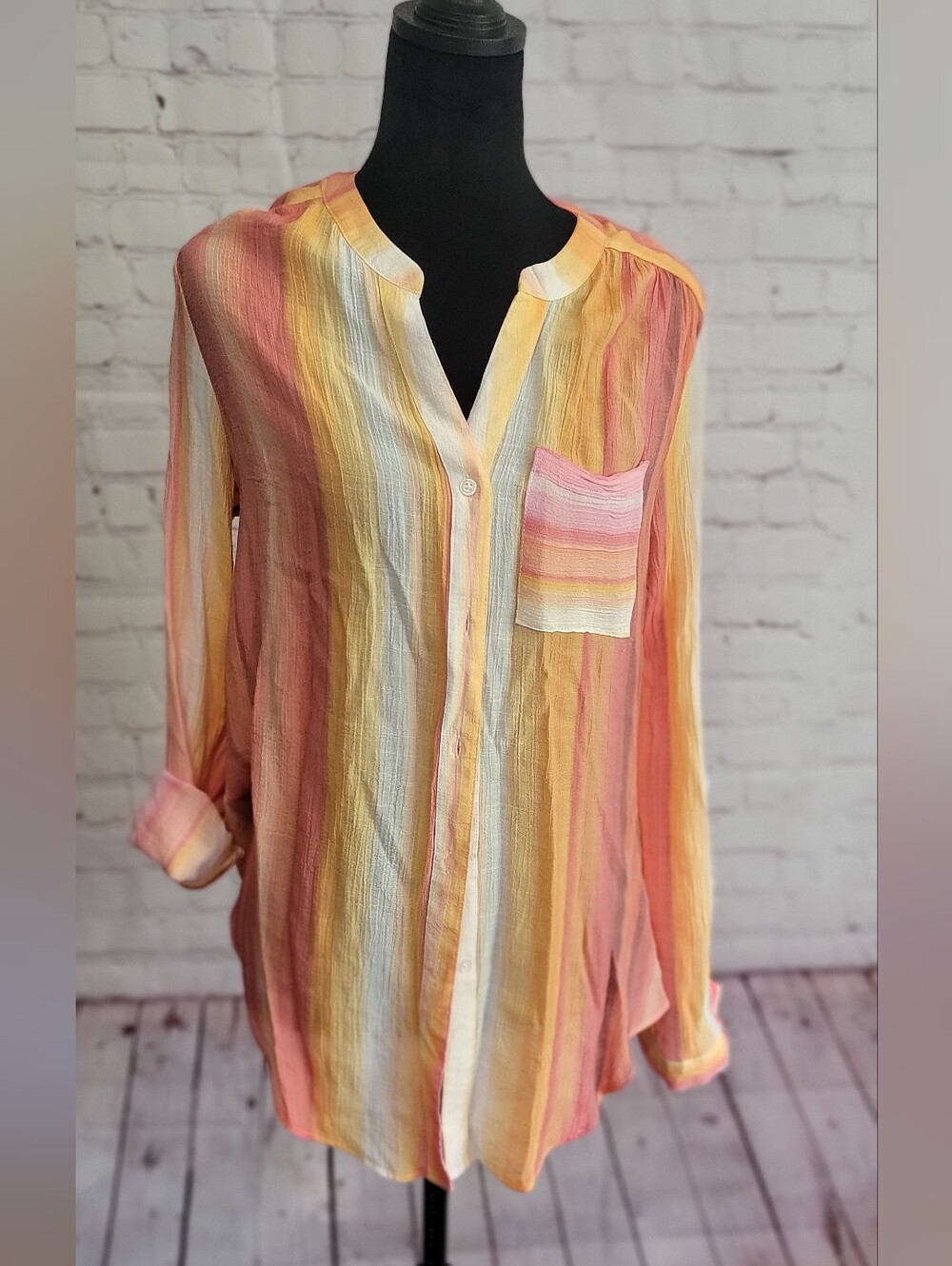 Zac & Rachel Lightweight Striped Button-Front Blouse - Pink & Yellow Medium